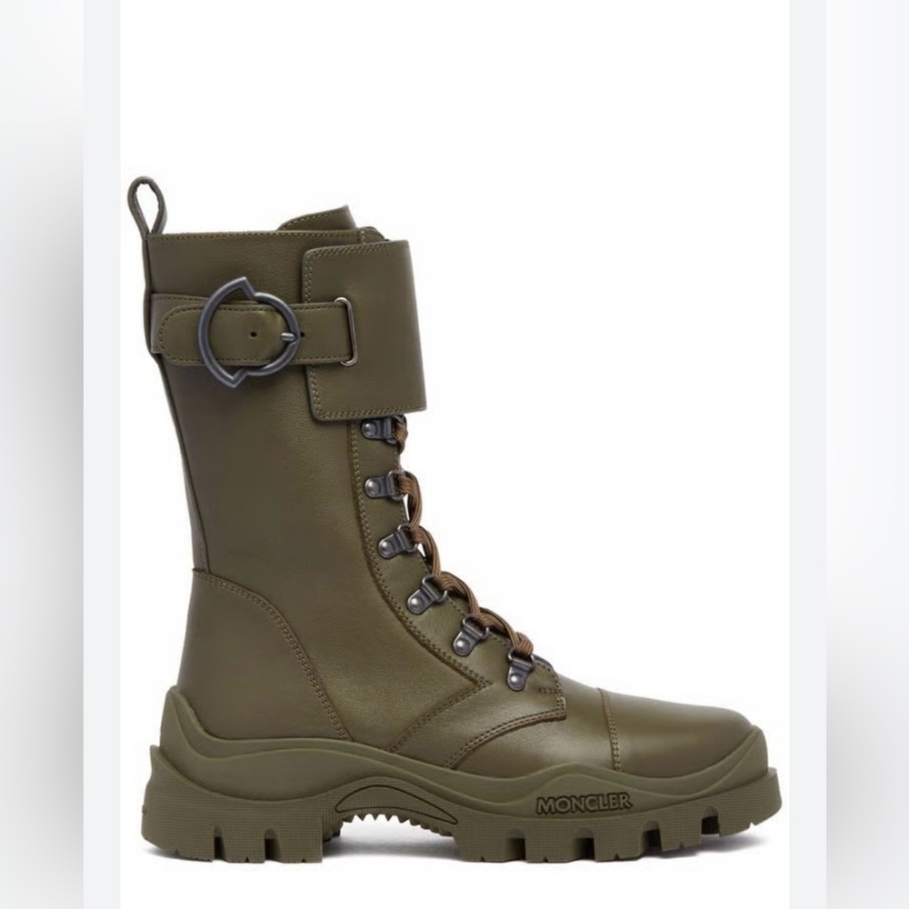 Moncler Larue Buckle Lace-Up Boots EU 39 Green Leather